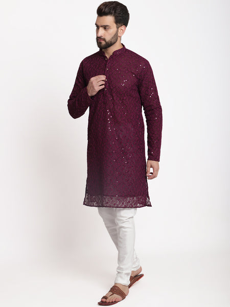 Wine Chikankari Floral Embroidery Kurta With Churidar Pajama by Treemoda