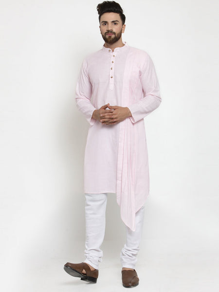 Pink Kurta With Churidar Pajama Set in Linen For Men by Treemoda