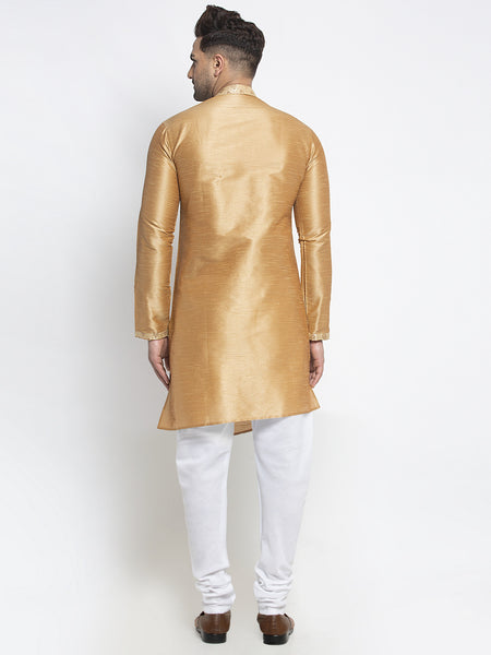 Embellished Brocade Golden Kurta With Churidar Pajama Set For Men By Treemoda