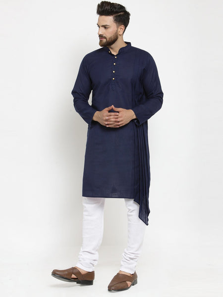 Navy Blue Kurta With Churidar Pajama Set in Linen For Men by Treemoda
