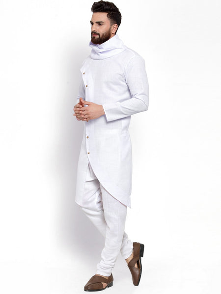 White Kurta With Churidar Pajama Set in Linen For Men by Treemoda