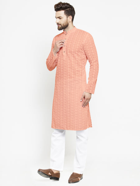 Salmon Pink Chikankari Lucknowi Jaal Embroidered Kurta with Aligarh Pajama by Treemoda