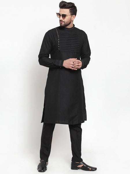 Designer Black Kurta With Aligarh Pajama Set in Linen For Men by Treemoda