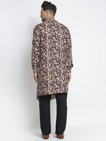 Designer Cotton Brown Block Printed Kurta With Aligarh Pajama Set For Men By Treemoda