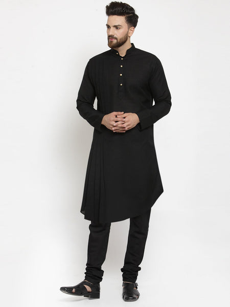 Designer Black Linen Kurta With Churidar Pajama For Men By Treemoda