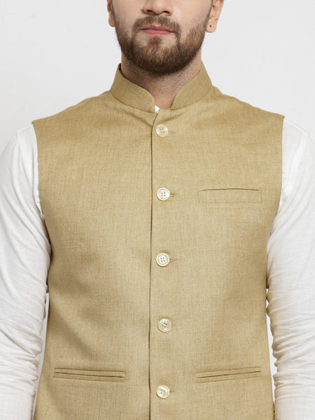 Men Beige Solid Nehru Jacket By Treemoda