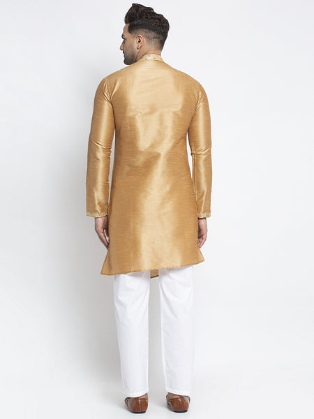 Embellished Brocade Golden Kurta With Aligarh Pajama Set For Men By Treemoda