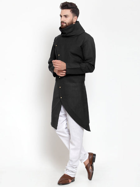 Black Kurta With Churidar Pajama Set in Linen For Men by Treemoda