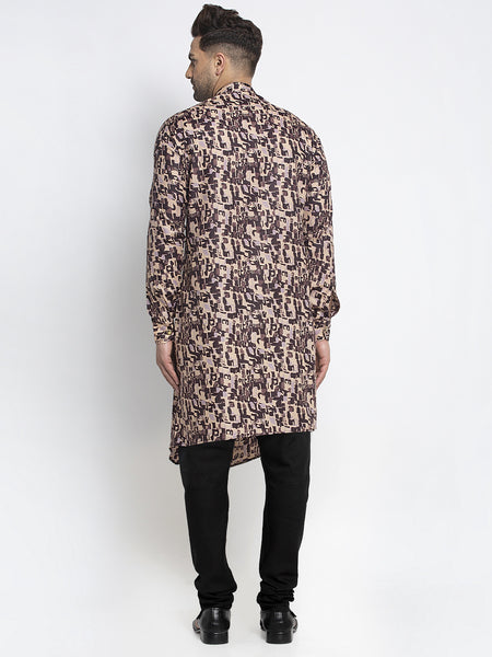 Designer Cotton Brown Block Printed Kurta With Churidar Pajama Set For Men By Treemoda