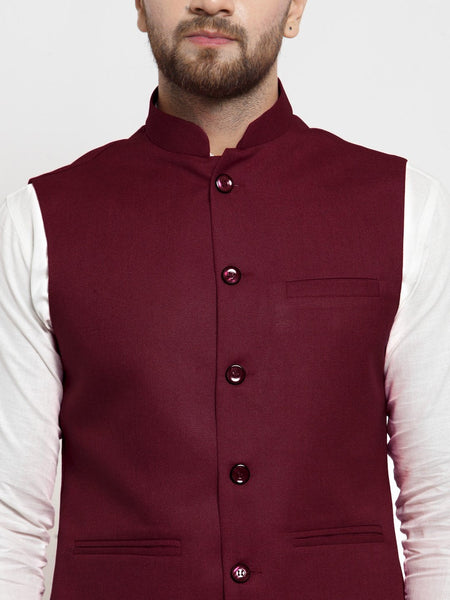 Men Maroon Solid Nehru Jacket By Treemoda