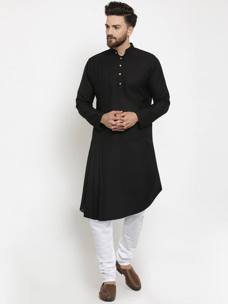 Designer Black Linen Kurta With Churidar Pajama For Men By Treemoda