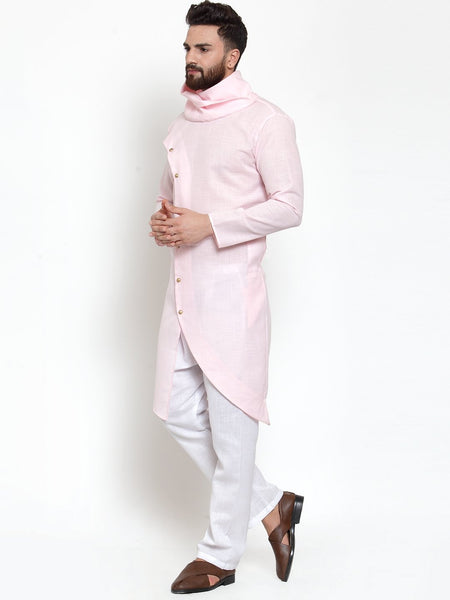 Pink Kurta With Aligarh Pajama in Linen For Men by Treemoda