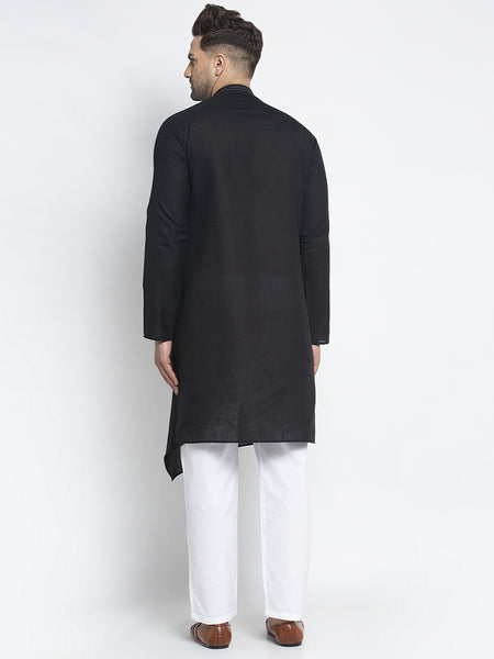 Designer Black Linen Kurta With White Aligarh Pajama Set For Men By Treemoda