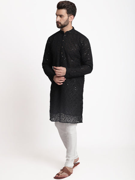 Black Chikankari Floral Embroidery Kurta With Churidar Pajama by Treemoda