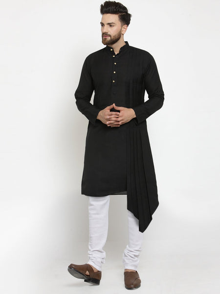 Black Kurta With Churidar Pajama Set in Linen For Men by Treemoda