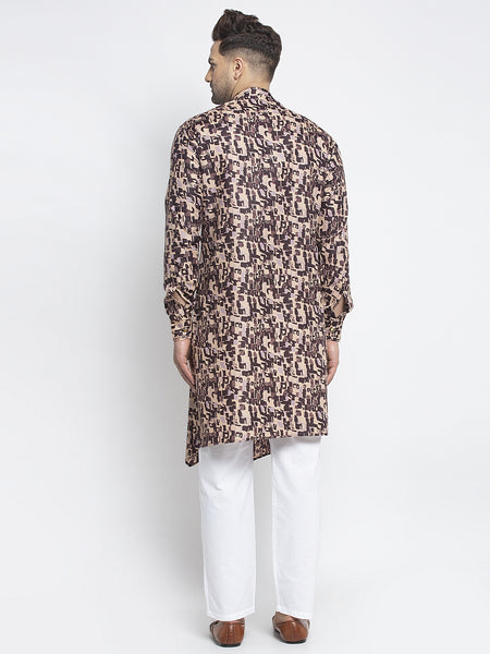 Designer Cotton Brown Block Printed Kurta With Aligarh Pajama Set For Men By Treemoda