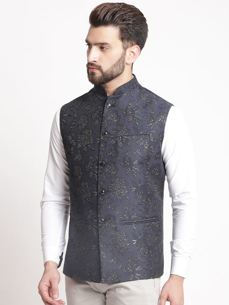 Blue Jacquard  Brocade Silk Nehru Jacket By Treemoda