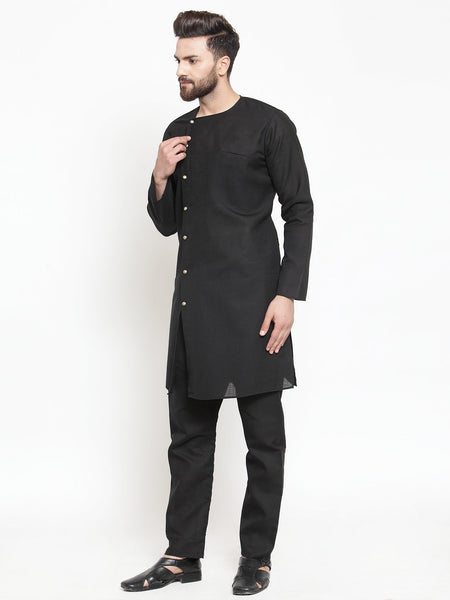 Black Kurta With Aligarh Pajama Set in Linen  For Men by Treemoda