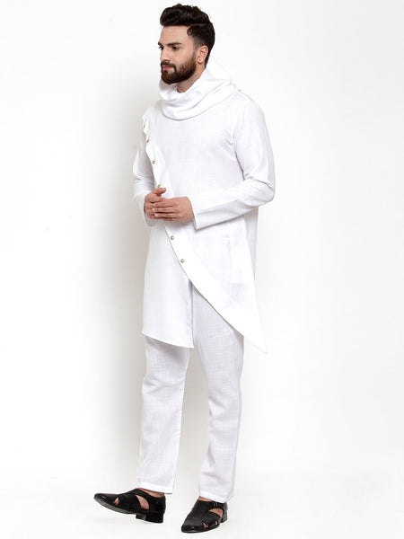 White Kurta With Aligarh Pajama in Linen For Men by Treemoda