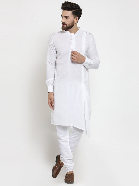 White Kurta with Churidar Pajama Set in Linen For Men by Treemoda