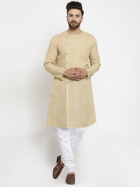 Beige Kurta  With Churidar Pajama Set in Linen For Men by Treemoda