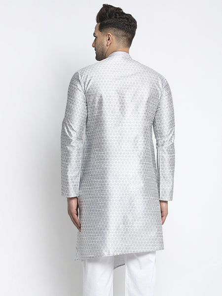 Designer Embellished Brocade Light Grey Kurta For Men By Treemoda