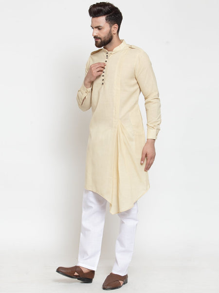 Beige Kurta With Aligarh Pajama Set in Linen For Men by Treemoda