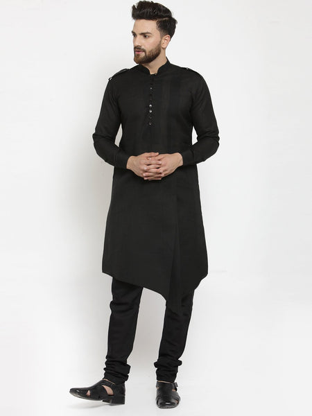 Black Kurta With Churidar Pajama Set in Linen For Men by Treemoda