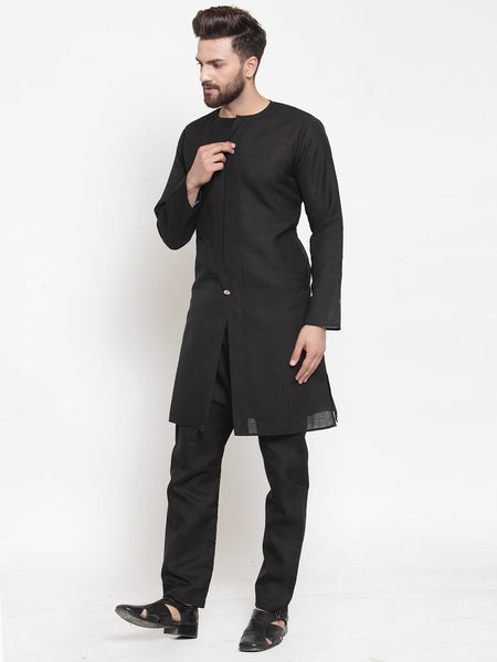 Black Kurta With Aligarh Pajama Set in Linen For Men by Treemoda