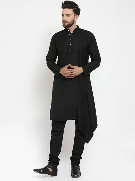 Black Kurta With Churidar Pajama Set in Linen For Men by Treemoda