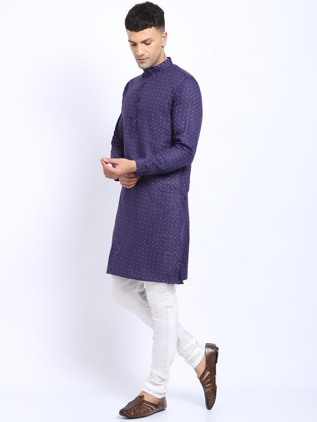 Printed Blue Cotton Kurta with Churidar Pajama by Treemoda