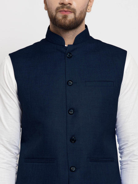 Men Dark Blue Solid Nehru Jacket By Treemoda