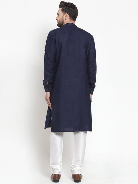 Designer Navy Blue Kurta With Churidar Pajama in Linen for Men by Treemoda