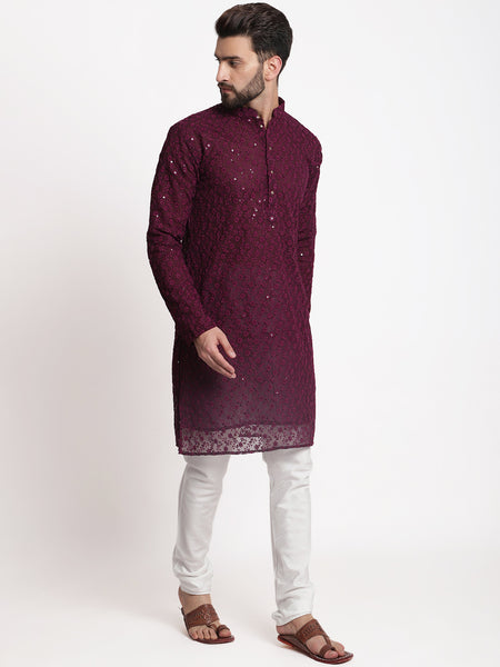 Wine Chikankari Floral Embroidery Kurta With Churidar Pajama by Treemoda