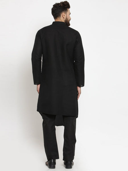 Designer Black Linen Kurta With Aligarh Pajama For Men By Treemoda