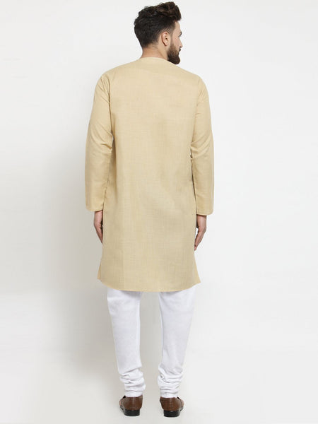 Beige Kurta  With Churidar Pajama Set in Linen For Men by Treemoda