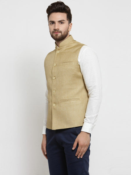 Men Beige Solid Nehru Jacket By Treemoda