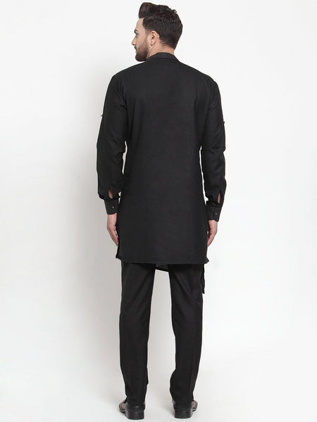 Designer Black Kurta With Aligarh Pajama Set in Linen For Men by Treemoda