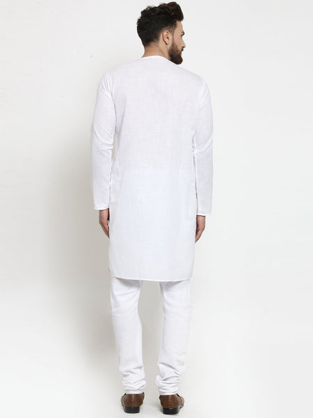 White Kurta With Churidar Pajama Set in Linen for men by Treemoda