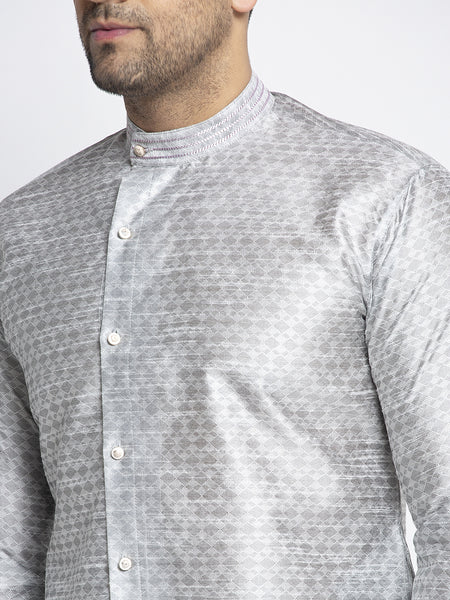 Embellished Brocade Light Grey Kurta With Aligarh Pajama Set For Men By Treemoda