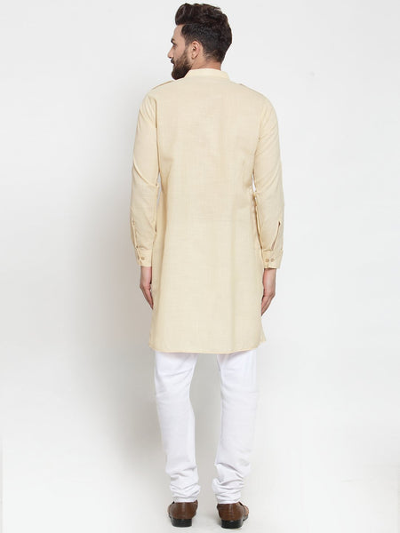 Beige Kurta With Churidar Pajama Set in Linen For Men by Treemoda