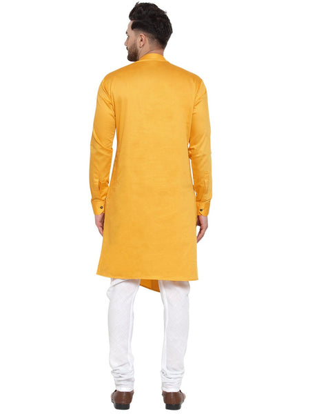 Designer Mustard Yellow Kurta With Churidar Pajama Set For Men By Treemoda