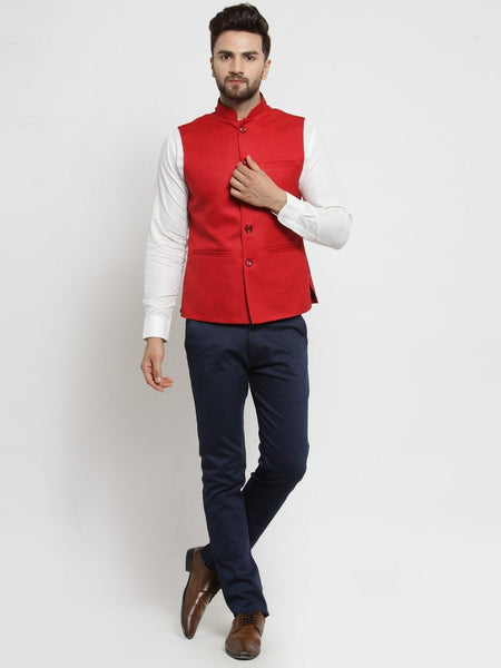Men Red Solid Nehru Jacket By Treemoda