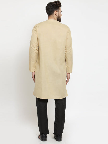 Beige Kurta With Black Aligarh Pajama Set  in Linen for men by Treemoda