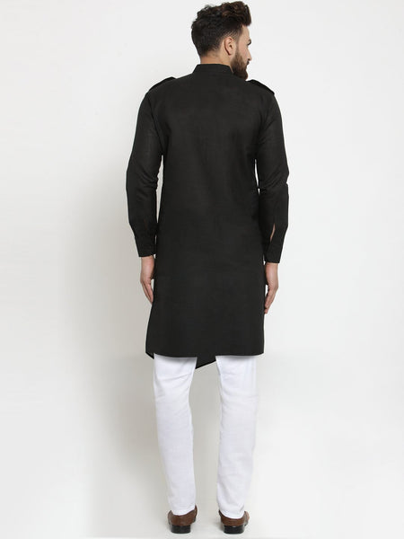Black Kurta With Aligarh Pajama Set in Linen For Men by Treemoda