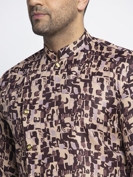 Designer Cotton Brown Block Printed Kurta With Churidar Pajama Set For Men By Treemoda
