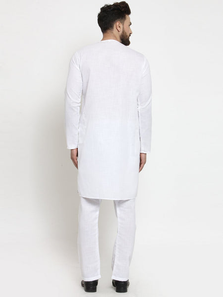 White Kurta With Aligarh Pajama Set in Linen For Men by Treemoda