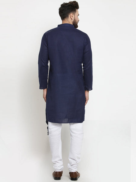 Navy Blue Kurta With Churidar Pajama Set in Linen For Men by Treemoda