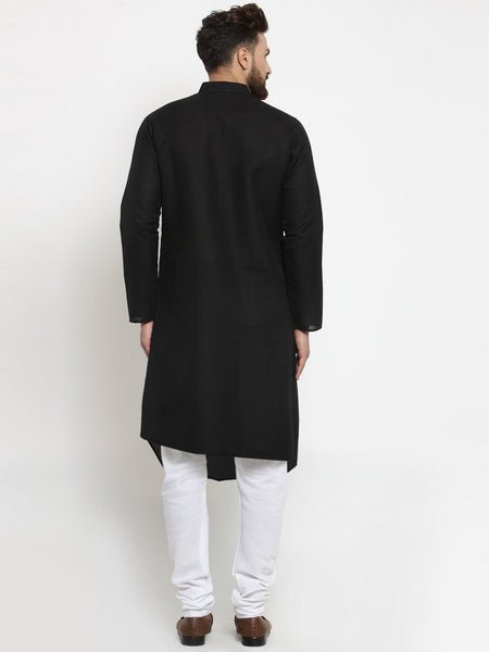 Designer Black Linen Kurta With Churidar Pajama For Men By Treemoda
