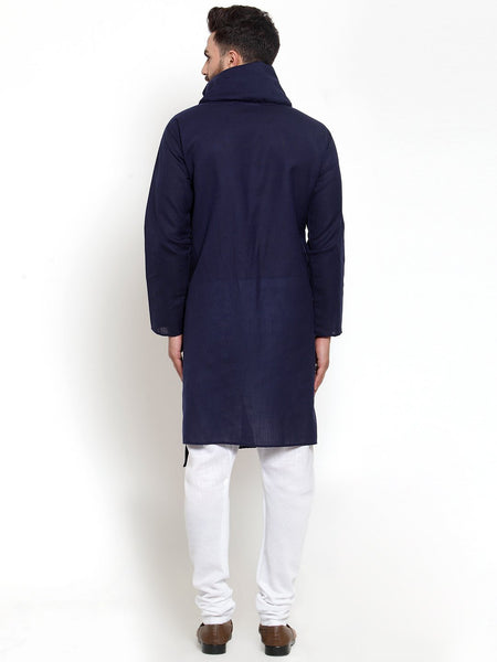 Navy Blue Kurta With Churidar Pajama Set For Men by Treemoda